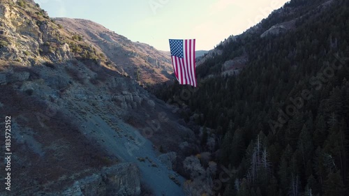4K Aerial Views of The Major Large American Flag Hanging in Mountains of North Ogden Utah Veterans Day - Coldwater Creek Canyon 