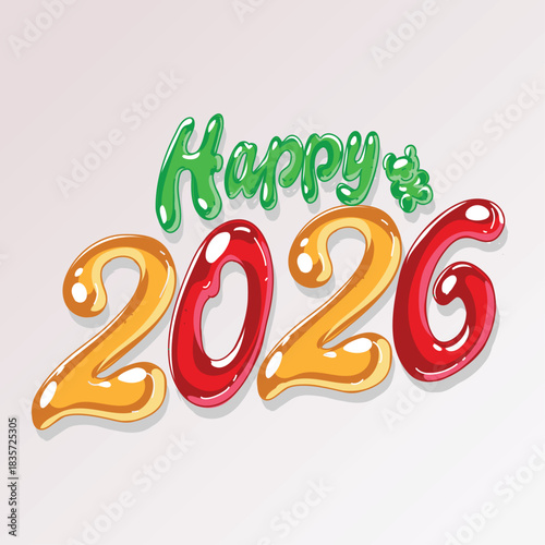 Happy 2026 Primary Gummy Candy Font. Red Green Yellow New Year Typography.