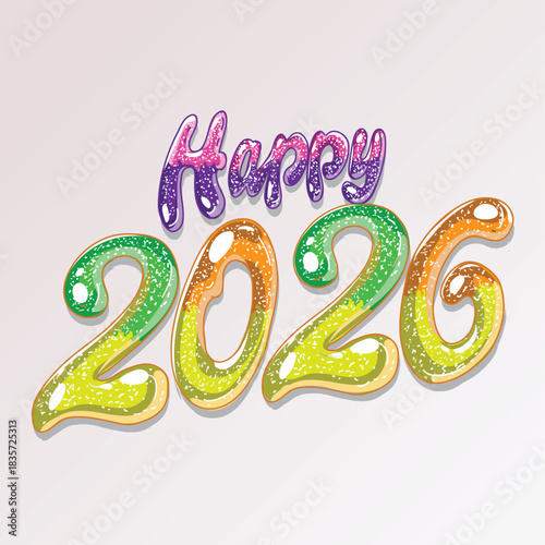Happy 2026 Gummy Candy Typography. Colorful Gelatin Sweet New Year Design.