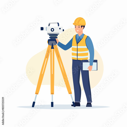 A smiling surveyor stands next to a theodolite, wearing a yellow hard hat and vest, holding a clipboard, ready to measure land and ensure accurate construction.