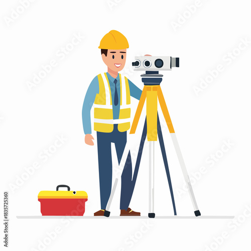A cheerful surveyor in a yellow hard hat uses a theodolite on a tripod for precise measurements, with a toolbox at his side, against a white backdrop.