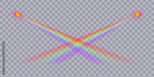 Bright rainbow rays of light with a bright flash of light on a transparent background. Vector illustration.