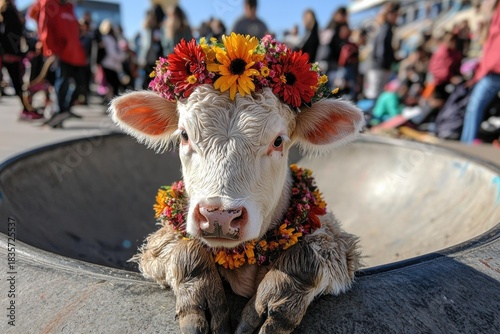 A calf wearing a flower crown and necklace is in a cement bowl. Many people are blurred in the background. AI.