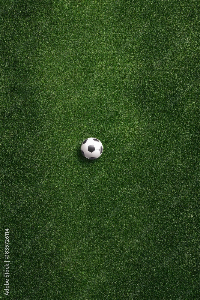 Obraz premium A single soccer ball rests centrally on a lush green field, viewed from directly overhead, showcasing the ball's detail and the grass's texture. The perspective is minimalistic and clean