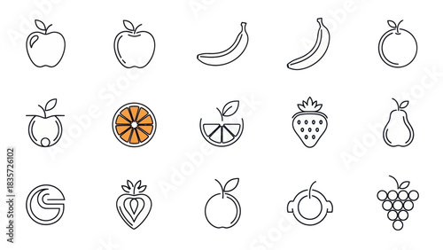 Collection of Fruit Outline Icons Featuring Apples, Bananas, Oranges, Strawberries and Grapes