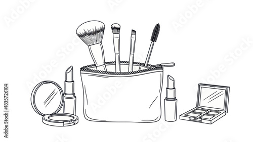 Elegant Sketch Depicting Essential Makeup Items for Beauty and Personal Care Regimen