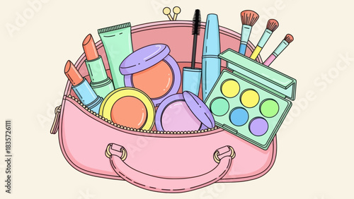 Charming cosmetic bag filled with makeup products accessories and beauty essentials  in pastel