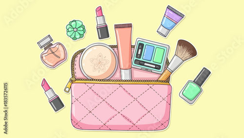 Charming cartoon illustration of a pink quilted makeup bag overflowing with cosmetics essentials