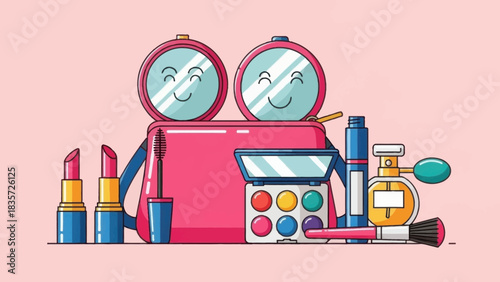 Cosmetic products neatly arranged around a makeup bag and smiling mirrors on pink background