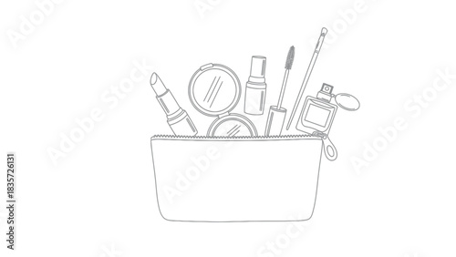 Minimalist cosmetic bag illustration filled with essential beauty products in monochrome style