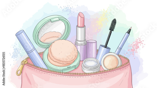 Pastel-toned makeup bag illustration filled with various cosmetic products artistic style