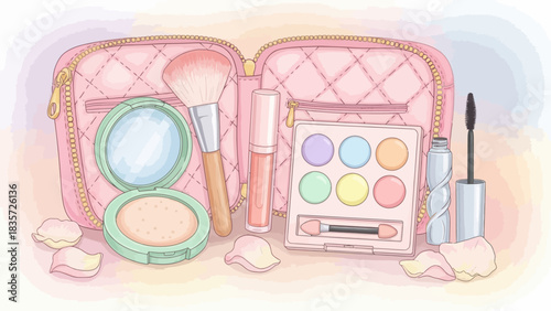 Pastel beauty essentials in a pink quilted cosmetic bag creating a dreamy makeup scene
