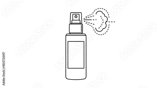 Minimalist vector illustration of a spray bottle dispersing a cloud shaped mist outline