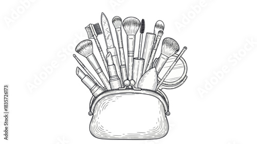 Cosmetic accessories arranged inside purse in sketch style on white background