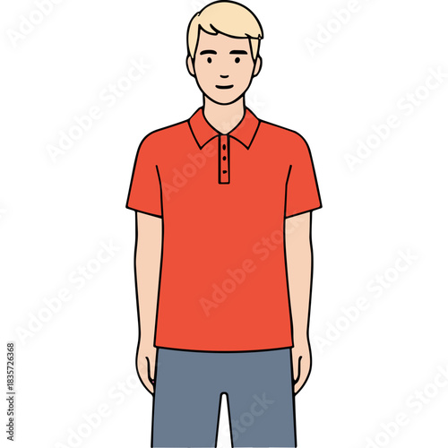 Blonde Haired Young Man Wearing A Coral Polo Shirt And Grey Shorts Standing Against A Black Background With A Neutral Expression