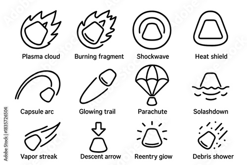 Atmospheric Reentry Icons. Line style icons of atmospheric reentry: plasma cloud, burning fragment, shockwave, heat shield;