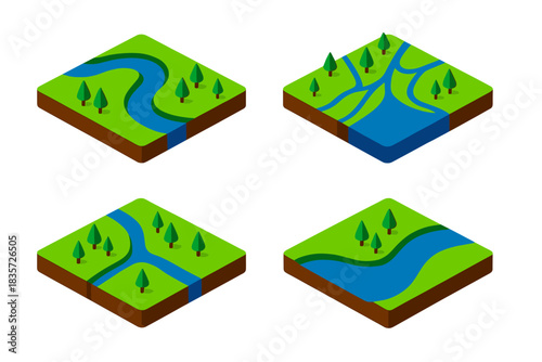 River Flow Illustration. Isometric vector illustration set River Flow Journey: Meandering midstream, river delta network,