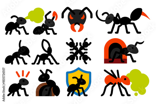 Ant Defense Icons. Flat vector icons of ant defense strategies: ant spraying formic acid, biting mandibles, stinger ant, ant with