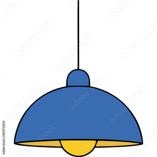Blue pendant light fixture with a yellow interior and a single light bulb hanging from a black cord against a black background providing warm illumination