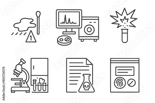 Forensic Mass Spectrometry Icons. Line style icons of Forensic Applications of Mass Spectrometry: crime scene sample, drug residue
