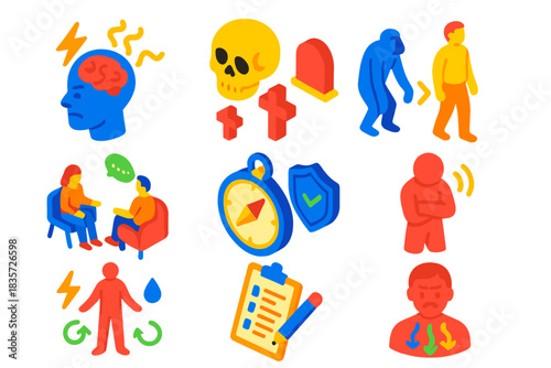 Thanatophobia Symbols Set. Isometric vector illustration set Thanatophobia: human head with fear signals, cultural mortality
