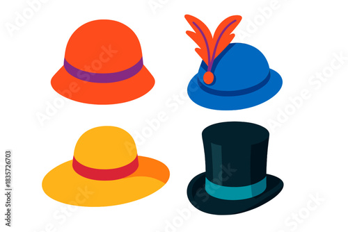 Vintage Hat Collection. Isometric vector illustration set Vintage Hat Styles: Cloche hat, feathered fascinator, wide-brimmed