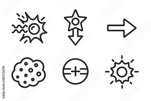 Nucleosynthesis Icons. Line style icons of Nucleosynthesis in Supernovae: stellar shockwave, iron core collapse, r-process arrow,