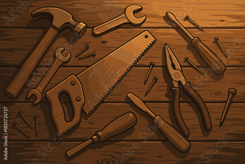 Collection of tools including a hammer, a pair of pliers, a pair of scissors