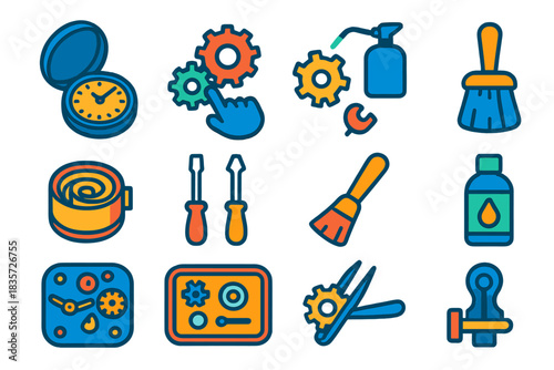 Clock Repair Icons. Flat vector icons of Clock Repair: open clock case, gear alignment, oiling mechanism, spring barrel,