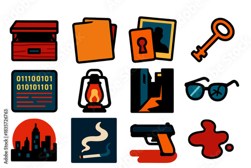 Noir Mystery Icons. Flat vector icons of Noir Discovery: secret drawer, dusty file, hidden photograph, rusty key, coded document,