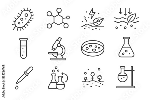 Biodegradation Study Icons. Line style icons of Biodegradation Study: Bacterium, Polymer Molecule, Decomposition, Pollution