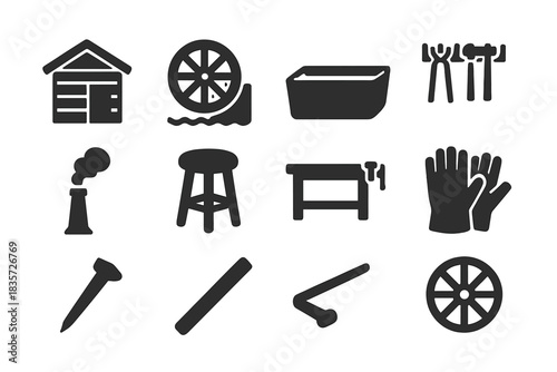 Rural Blacksmith Icons. Solid style icons of Rural Blacksmith Shop: Wooden Shed, Water Wheel, Quench Trough, Grindstone, Tool Rack