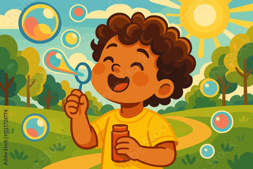 Child Blowing Bubbles. Playful portrait of a child blowing colorful vector illustration bubbles in a sunlit park, cheerful and