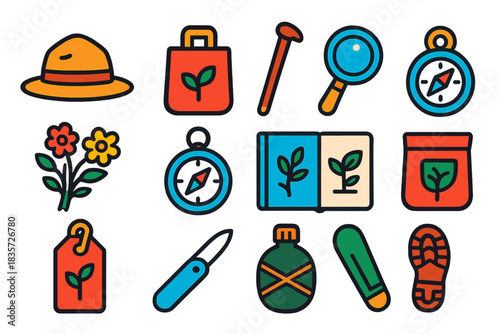 Field Botany Icons. Flat vector icons of Field Botany: explorer’s hat, sample bag, walking stick, hand lens, wildflower bunch,