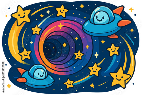 Whimsical Space Voyage. Wormhole adventure with playful tunnels, stars sliding through, and spaceships with smiling faces No text,