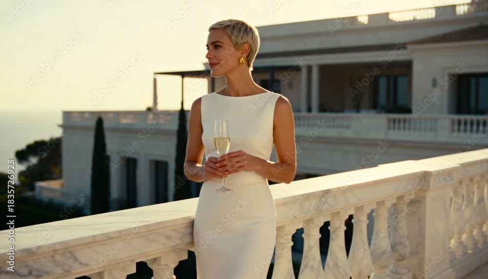 Fototapeta premium Elegant woman with champagne on a luxury villa balcony at sunset. Sophisticated female enjoying a drink. Affluent lifestyle and success concept