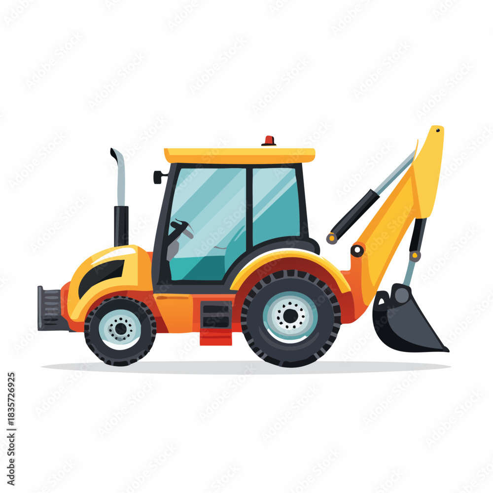 Naklejka premium A vibrant illustration showcases a yellow and orange backhoe loader, perfect for construction and excavation projects, isolated on a white background.