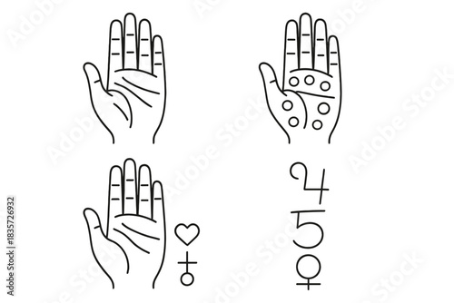Chirology Line Icons. Line style icons of Chirology: Palm Creases, Life Line, Hand Mounts, Divination Symbols; Heart Line, Head