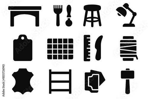Leather Workshop Icons. Solid style icons of Leather Workshop: Workbench, Tool Rack, Wooden Stool, Lamp, Cutting Board, Mat, Ruler