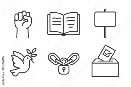 Civil Liberties Symbols. Line style icons of Civil Liberties: raised fist, open constitution, protest sign, dove with olive branch