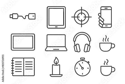 Line Style Tech Icons. Line style icons of Conscious Technology: Disconnected Cable, Blank Screen, Focus, Intentional Use;