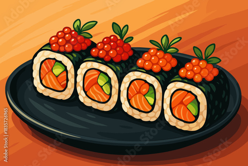 Gourmet Sushi Display. Gourmet sushi rolls garnished with vibrant roe and fresh herbs on a black ceramic plate, illuminated by