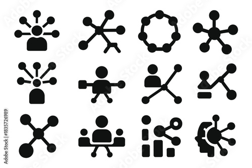 Network Centrality Icons. Solid style icons of network centrality: betweenness hub, degree node chart, closeness circle,