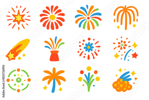 Bright Firework Icons. Flat vector icons of aerial firework effects: starburst, peony, chrysanthemum, willow, comet, fountain,