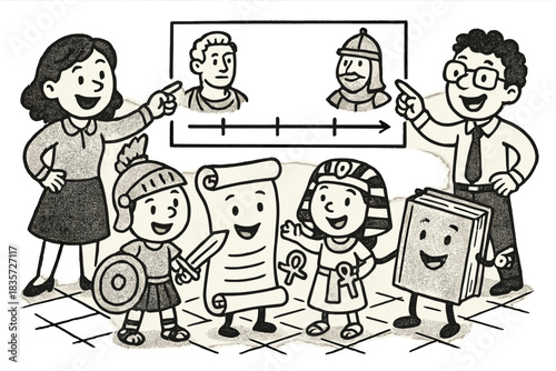 Playful Educational Reenactment. Playful doodle educational reenactment scene with smiling teachers, students in costumes, scrolls
