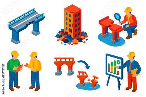 Disaster Analysis Icons. Isometric vector illustration set Engineering disaster analysis: damaged bridges, failed structures,