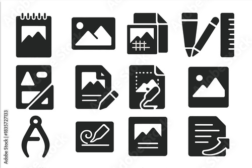 Artistic Workflow Icons. Solid style icons of Artistic workflow: sketchpad, reference photo, tracing paper, pencil, ruler,