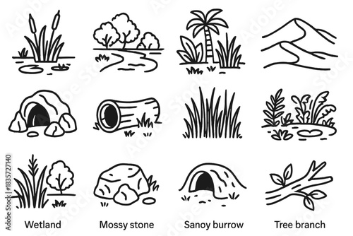 Reptile Habitat Icons. Line style icons of reptile habitats: swamp, riverbank, rainforest, desert dune; rocky cave, hollow log,