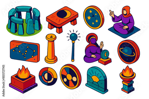 Ancient Astronomy Elements. Isometric vector illustration set Ancient Astronomy: circle of stones, eclipse tracking slab, star