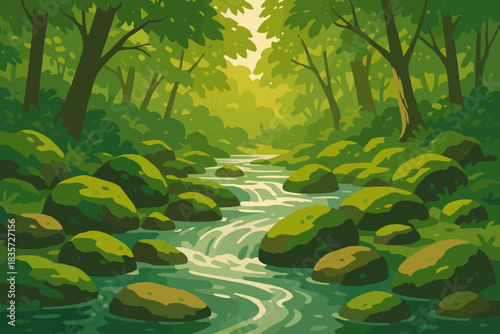 Mossy Forest Stream. Scenic forest stream flowing through mossy rocks under dappled sunlight, serene and tranquil, vector